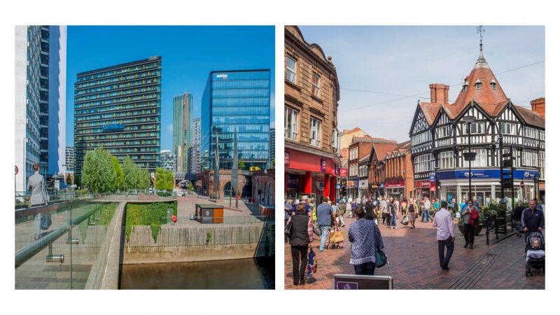 Office blocks in Salford and High Street in Wrexham side by side