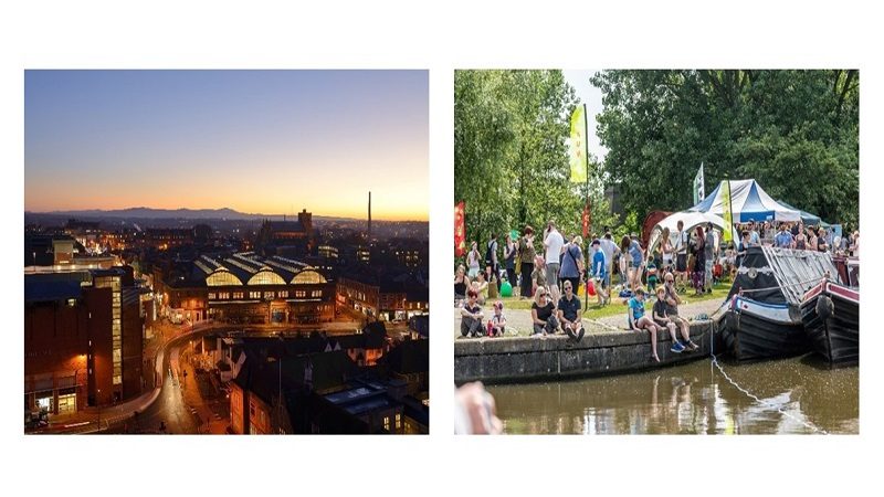 Images of Cumberland and Stoke on Trent side by side. One of city scape in the evening and one of a festival in the day time.